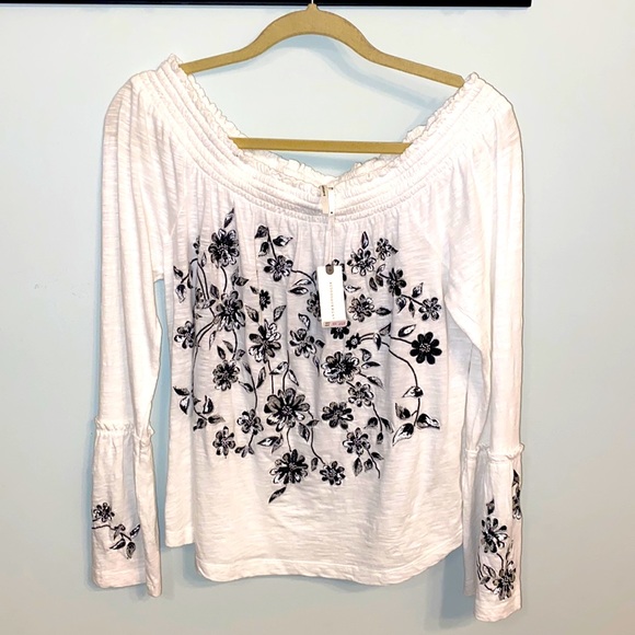 Anthropologie Tops - Anthropologie NWT white off the shoulder blouse w/ black embroidered flowers, M